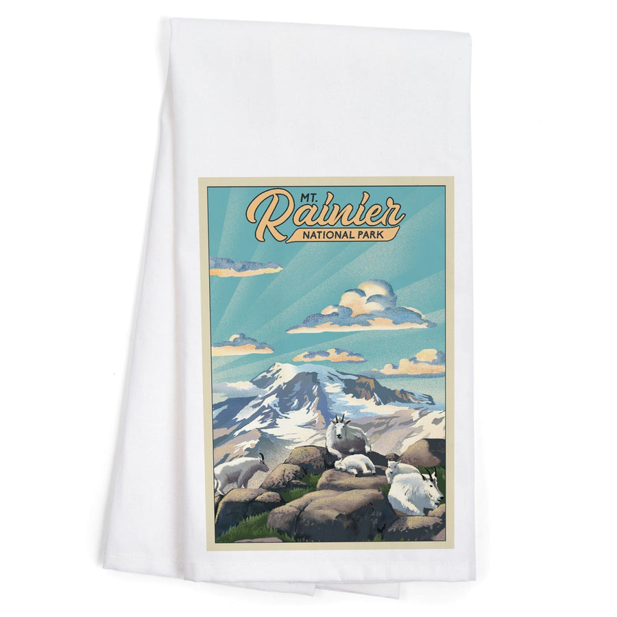 Mt Rainier National Park, Goats, Lithograph, Organic Cotton Kitchen Tea Towels Kitchen Lantern Press 
