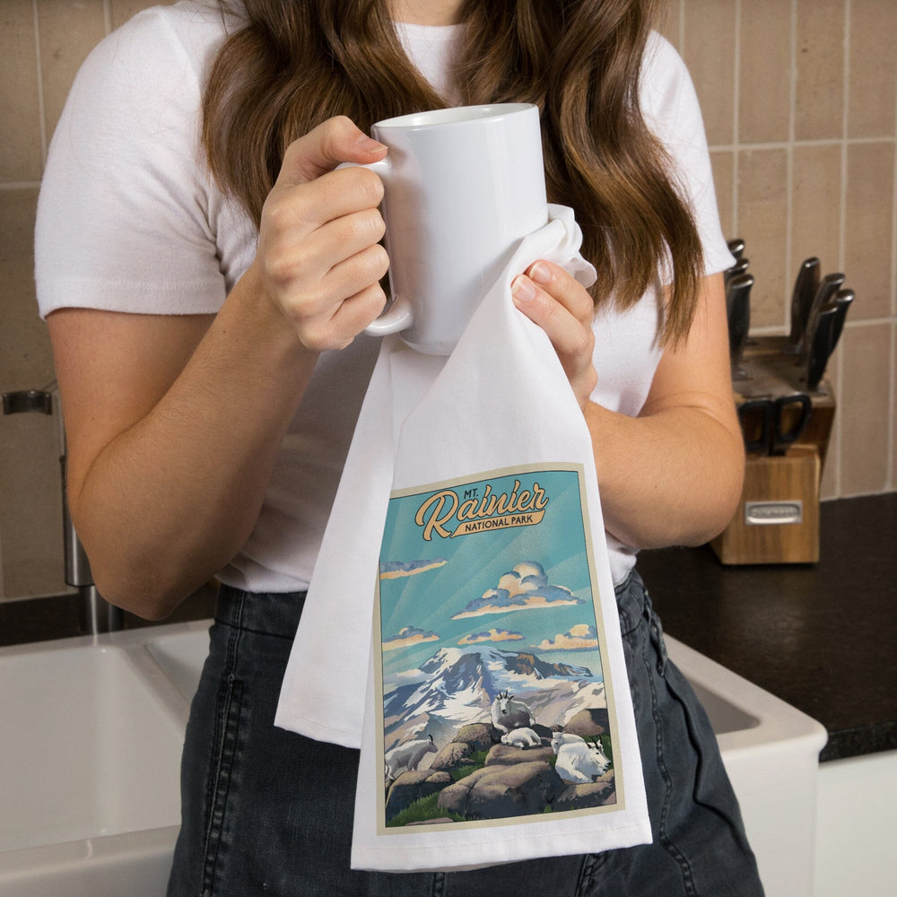Mt Rainier National Park, Goats, Lithograph, Organic Cotton Kitchen Tea Towels Kitchen Lantern Press 