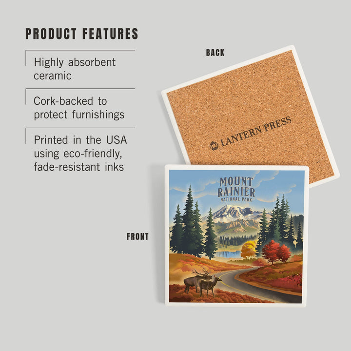 Mt Rainier National Park, Washington, Lithograph, Paradise Road with Elk, Coasters Coasters Lantern Press 