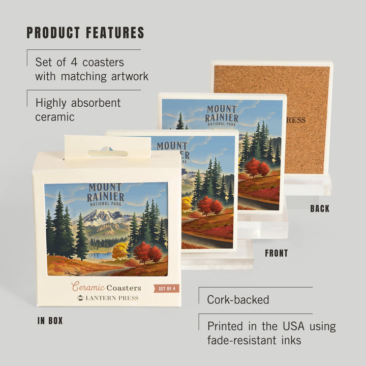 Mt Rainier National Park, Washington, Lithograph, Paradise Road with Elk, Coasters Coasters Lantern Press 