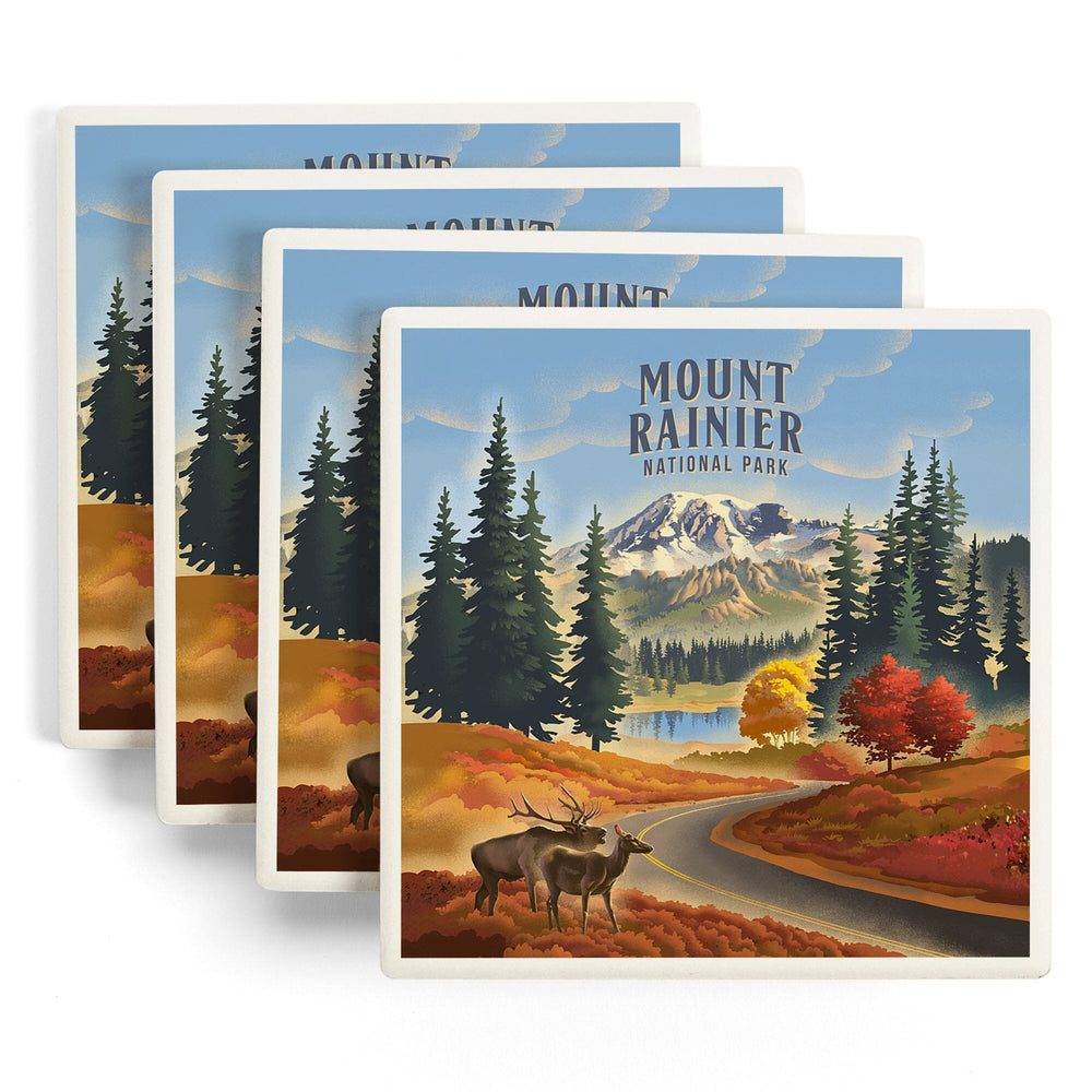 Mt Rainier National Park, Washington, Lithograph, Paradise Road with Elk, Coasters Coasters Lantern Press 