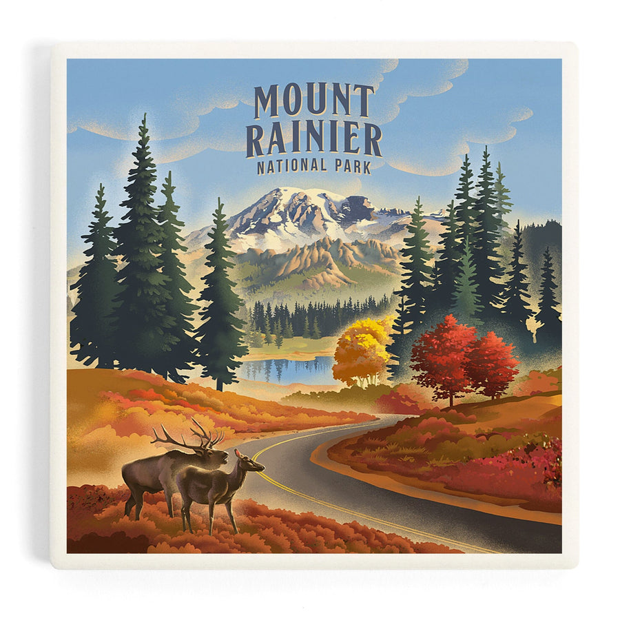 Mt Rainier National Park, Washington, Lithograph, Paradise Road with Elk, Coasters Coasters Lantern Press 