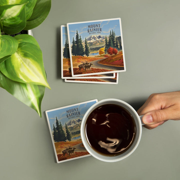 Mt Rainier National Park, Washington, Lithograph, Paradise Road with Elk, Coasters Coasters Lantern Press 