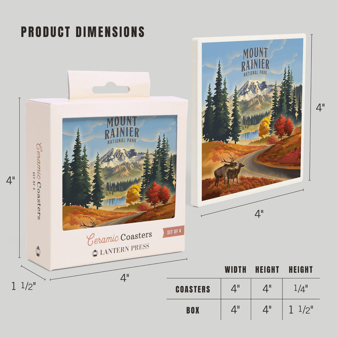 Mt Rainier National Park, Washington, Lithograph, Paradise Road with Elk, Coasters Coasters Lantern Press 