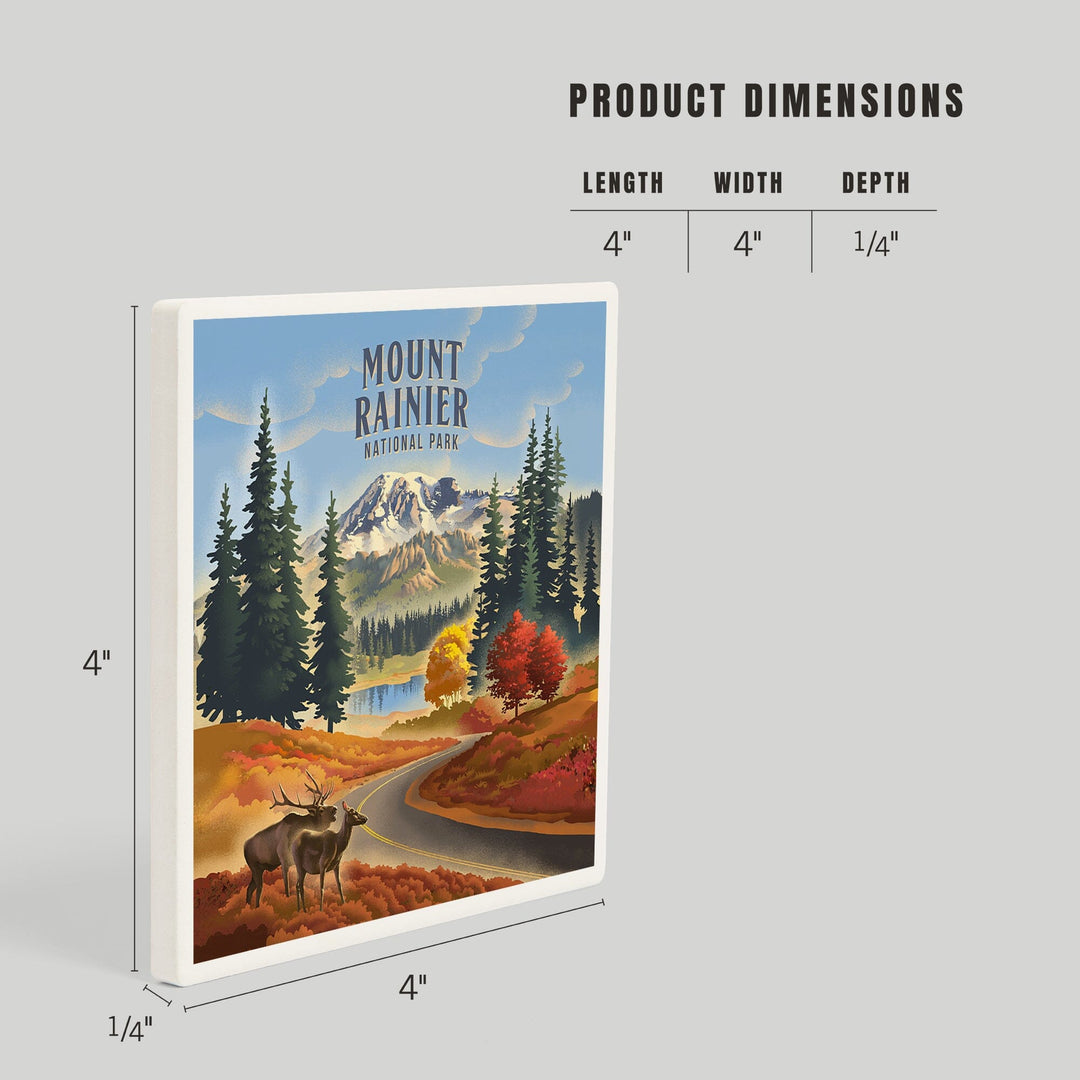 Mt Rainier National Park, Washington, Lithograph, Paradise Road with Elk, Coasters Coasters Lantern Press 