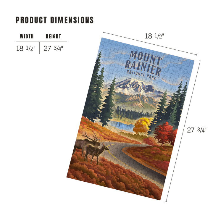 Mt Rainier National Park, Washington, Lithograph, Paradise Road with Elk, Jigsaw Puzzle Puzzle Lantern Press 