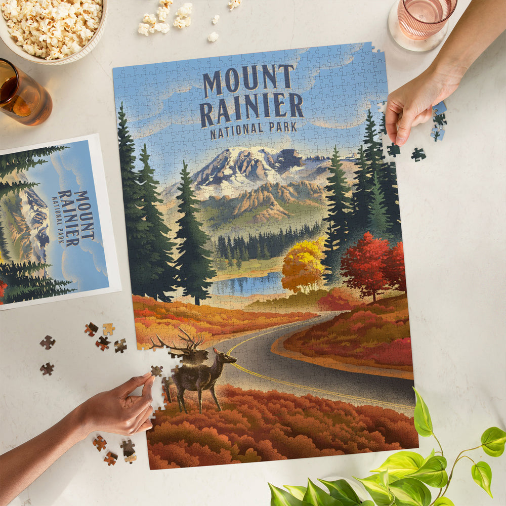 Mt Rainier National Park, Washington, Lithograph, Paradise Road with Elk, Jigsaw Puzzle Puzzle Lantern Press 