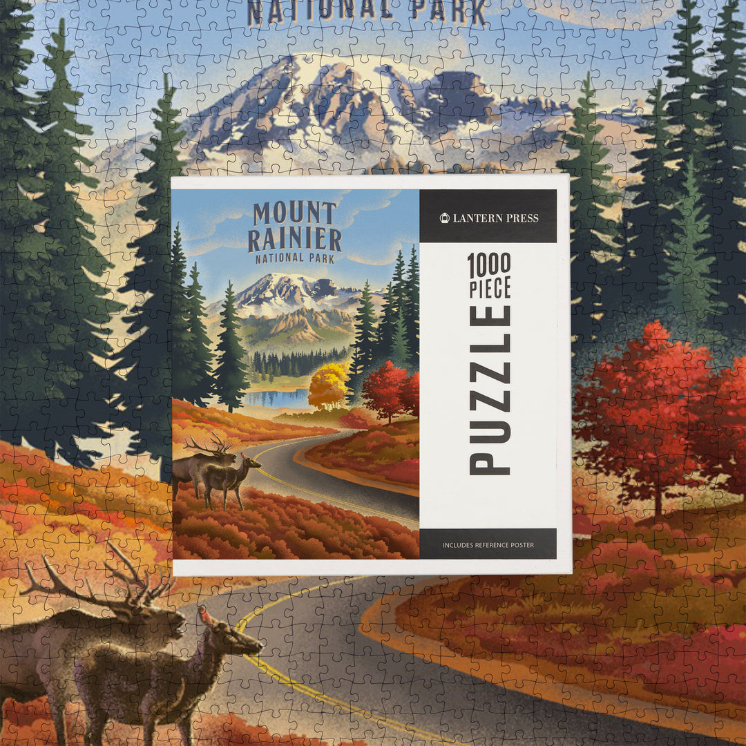 Mt Rainier National Park, Washington, Lithograph, Paradise Road with Elk, Jigsaw Puzzle Puzzle Lantern Press 