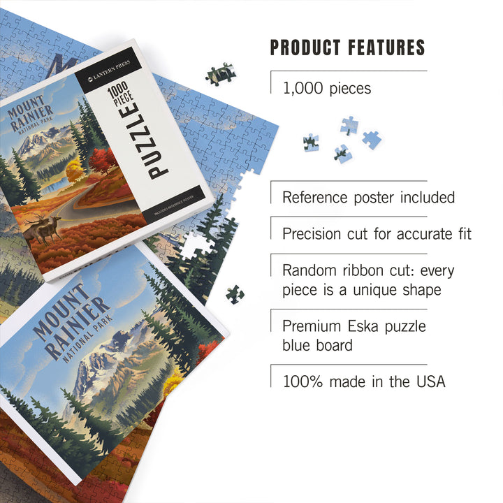 Mt Rainier National Park, Washington, Lithograph, Paradise Road with Elk, Jigsaw Puzzle Puzzle Lantern Press 