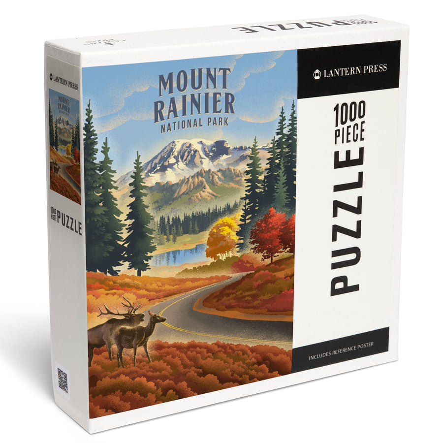 Mt Rainier National Park, Washington, Lithograph, Paradise Road with Elk, Jigsaw Puzzle Puzzle Lantern Press 