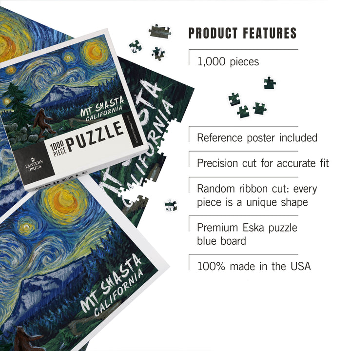 Mt Shasta, California, Bigfoot, Starry Night, Jigsaw Puzzle Puzzle Lantern Press 