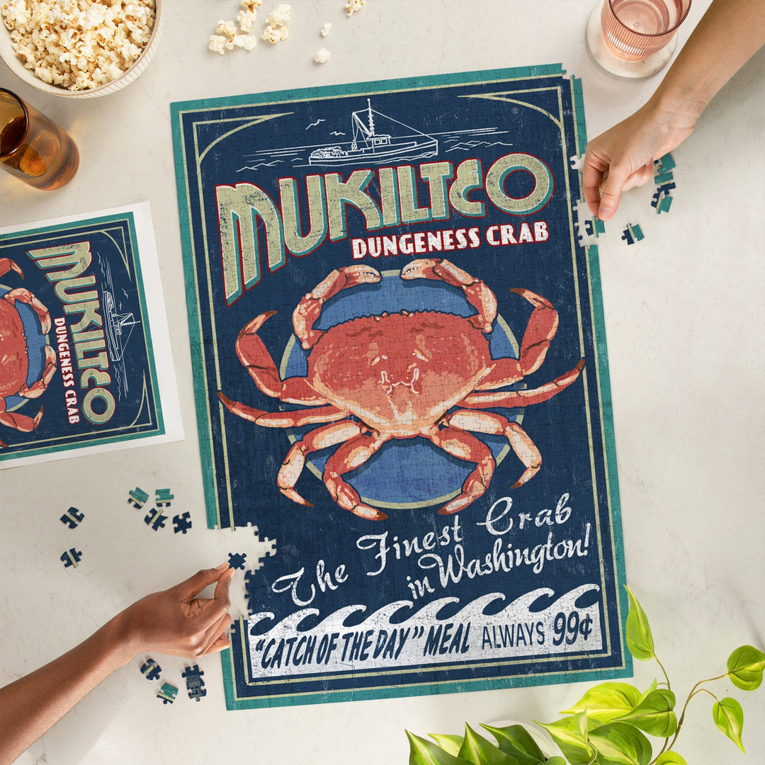 Mukilteo, Washington, Dungeness Crab Vintage Sign, Jigsaw Puzzle Puzzle Lantern Press 