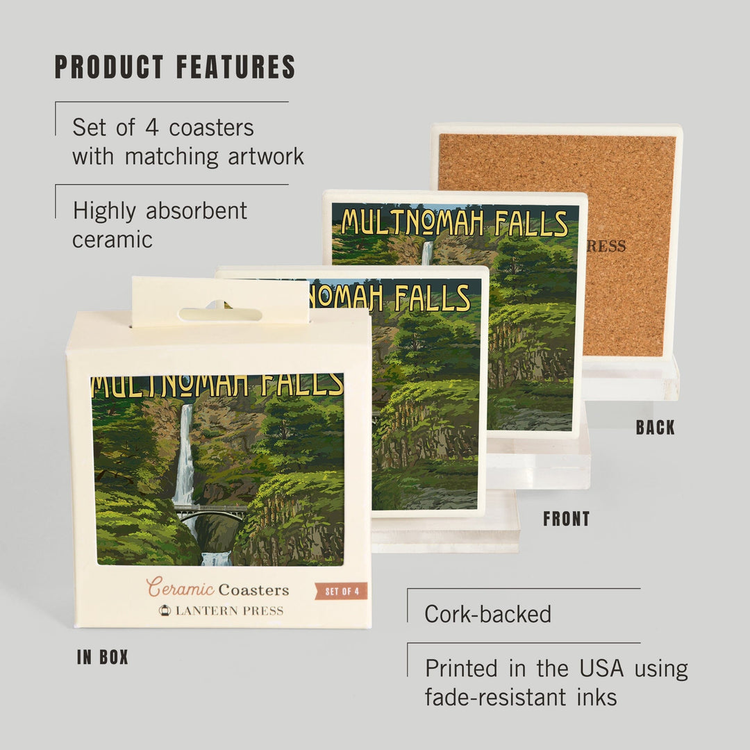 Multnomah Falls, Oregon, Summer View, Lantern Press Artwork, Coaster Set Coasters Lantern Press 