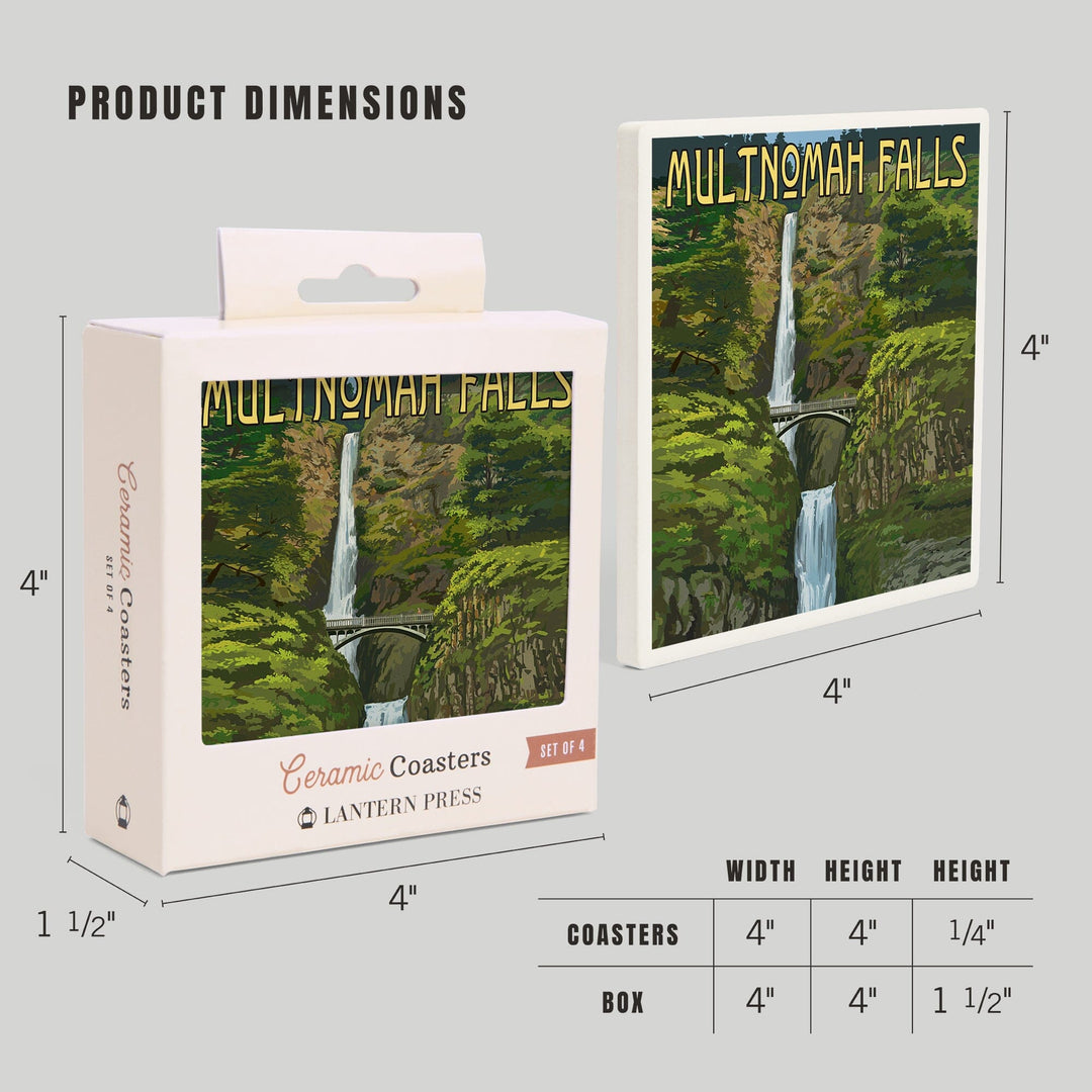 Multnomah Falls, Oregon, Summer View, Lantern Press Artwork, Coaster Set Coasters Lantern Press 