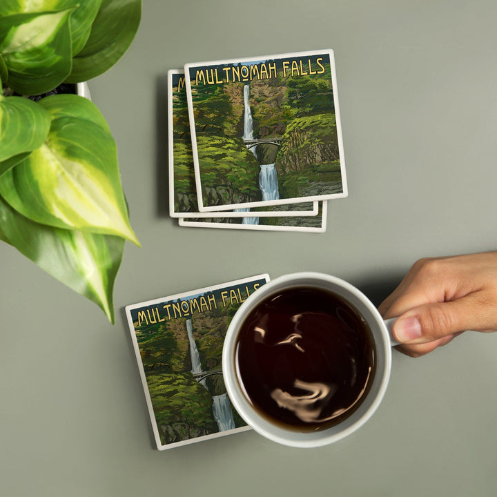 Multnomah Falls, Oregon, Summer View, Lantern Press Artwork, Coaster Set Coasters Lantern Press 