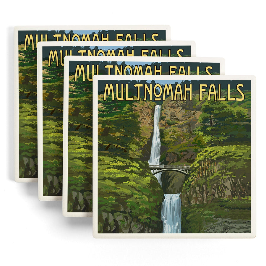 Multnomah Falls, Oregon, Summer View, Lantern Press Artwork, Coaster Set Coasters Lantern Press 