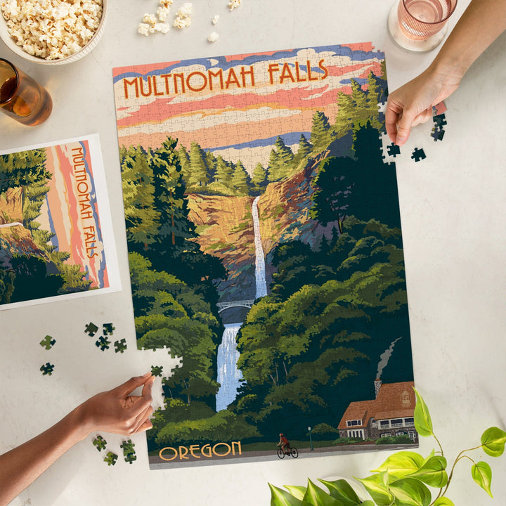Multnomah Falls, Oregon, Sunset, Jigsaw Puzzle Puzzle Lantern Press 