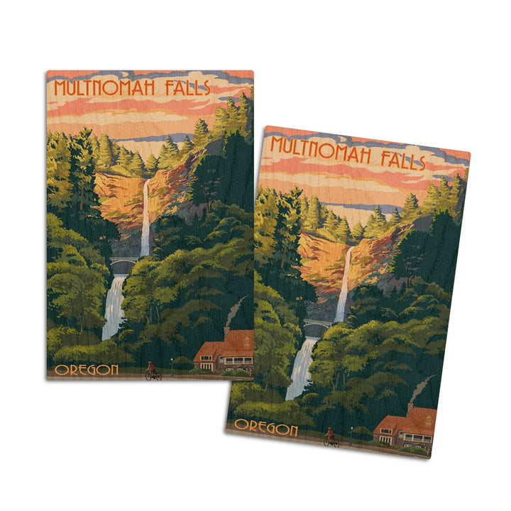 Multnomah Falls, Oregon, Sunset, Lantern Press Artwork, Wood Signs and Postcards Wood Lantern Press 4x6 Wood Postcard Set 