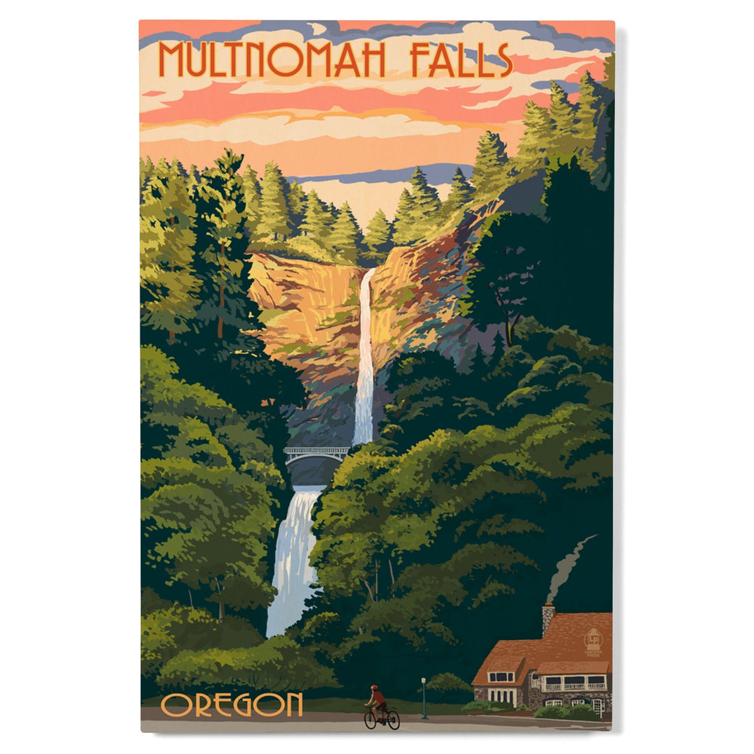 Multnomah Falls, Oregon, Sunset, Lantern Press Artwork, Wood Signs and Postcards Wood Lantern Press 