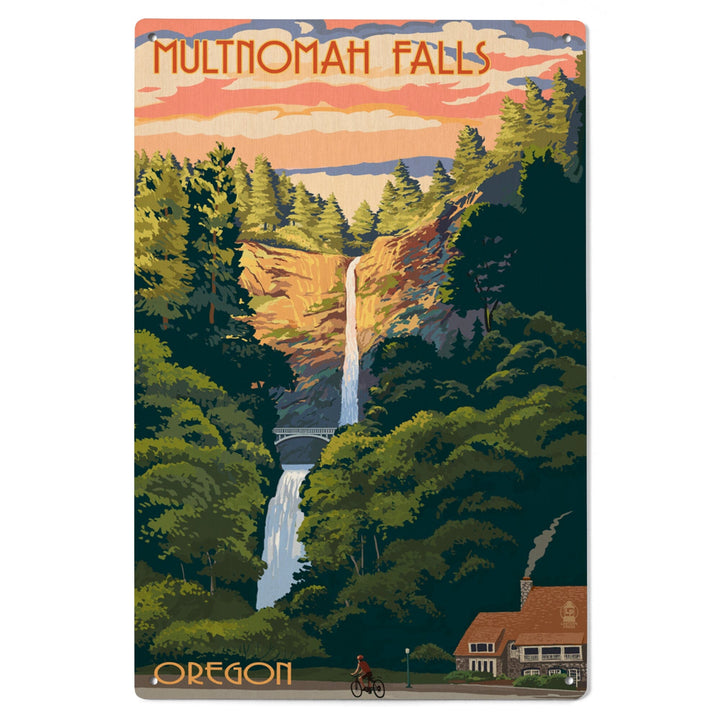 Multnomah Falls, Oregon, Sunset, Lantern Press Artwork, Wood Signs and Postcards Wood Lantern Press 