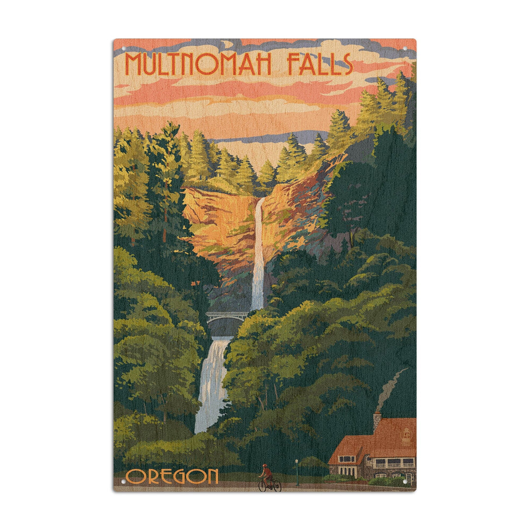 Multnomah Falls, Oregon, Sunset, Lantern Press Artwork, Wood Signs and Postcards Wood Lantern Press 6x9 Wood Sign 