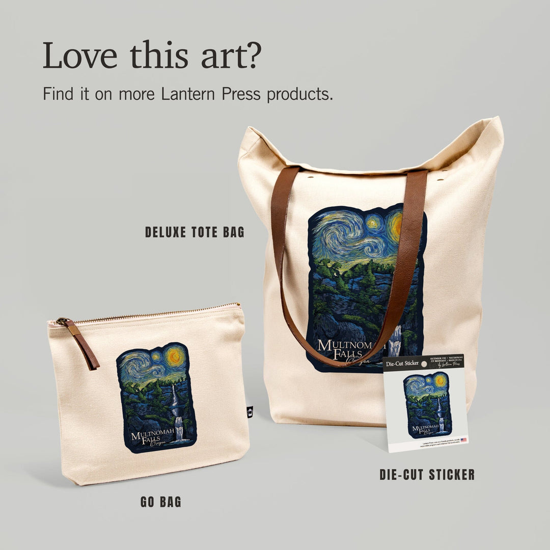 Multnomah Falls, Oregon, Van Gogh Starry Night, Contour, Lantern Press Artwork, Accessory Go Bag Totes Lantern Press 