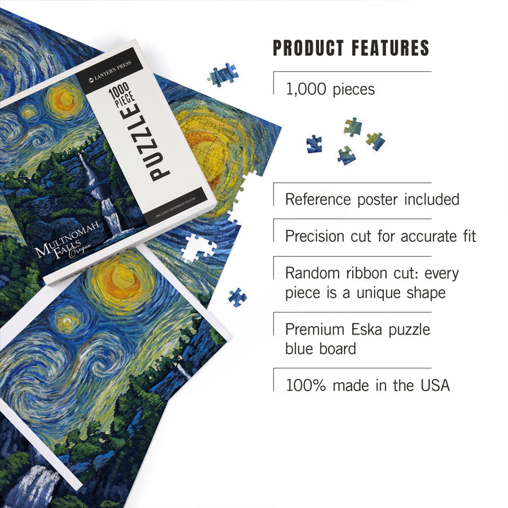 Multnomah Falls, Oregon, Van Gogh Starry Night, Jigsaw Puzzle Puzzle Lantern Press 