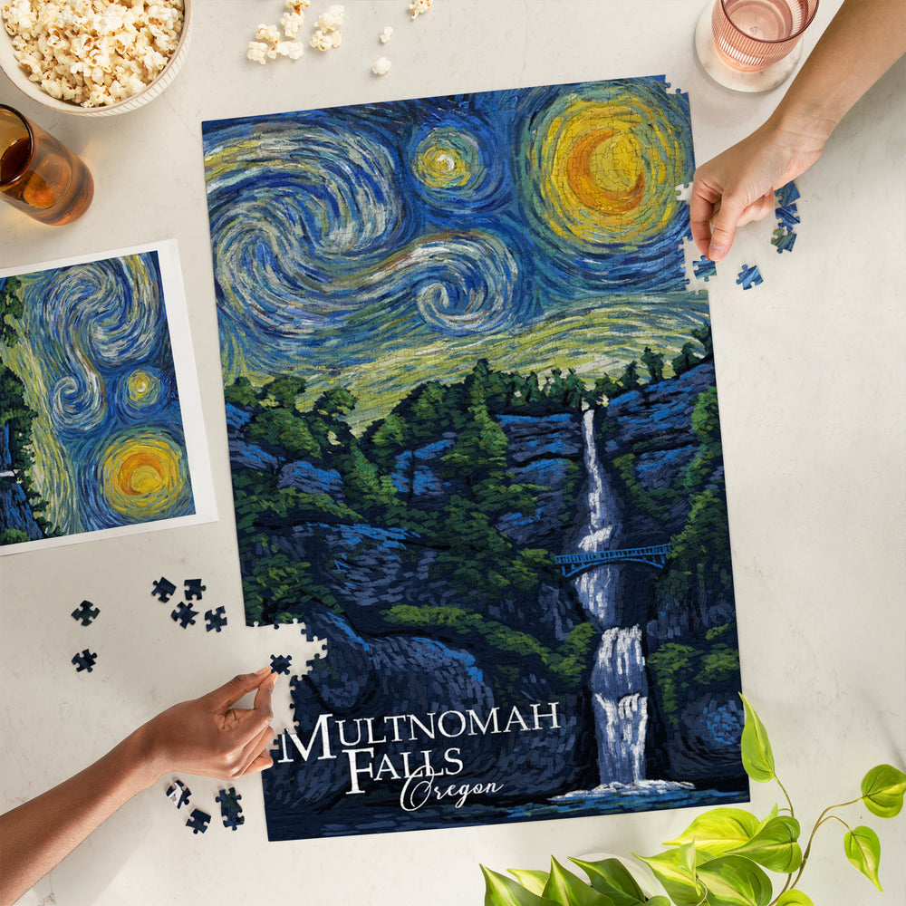 Multnomah Falls, Oregon, Van Gogh Starry Night, Jigsaw Puzzle Puzzle Lantern Press 