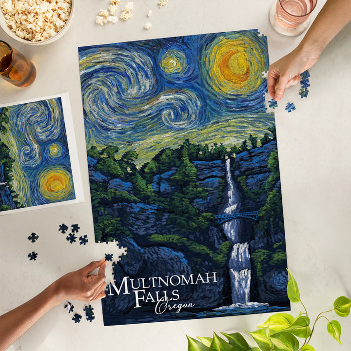 Multnomah Falls, Oregon, Van Gogh Starry Night, Jigsaw Puzzle Puzzle Lantern Press 