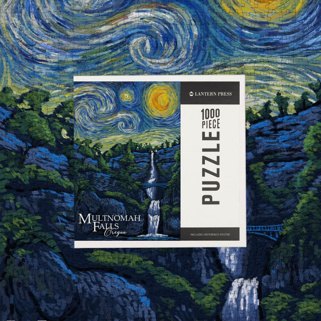 Multnomah Falls, Oregon, Van Gogh Starry Night, Jigsaw Puzzle Puzzle Lantern Press 