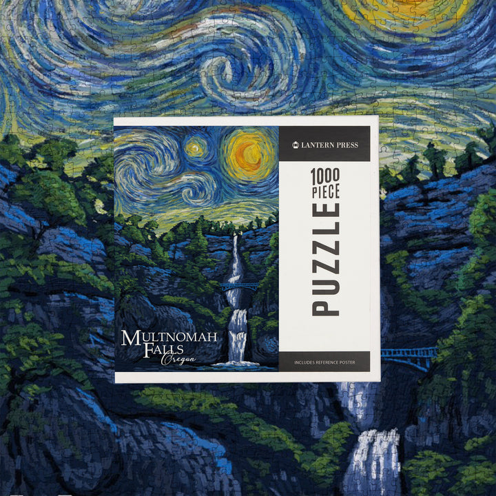 Multnomah Falls, Oregon, Van Gogh Starry Night, Jigsaw Puzzle Puzzle Lantern Press 