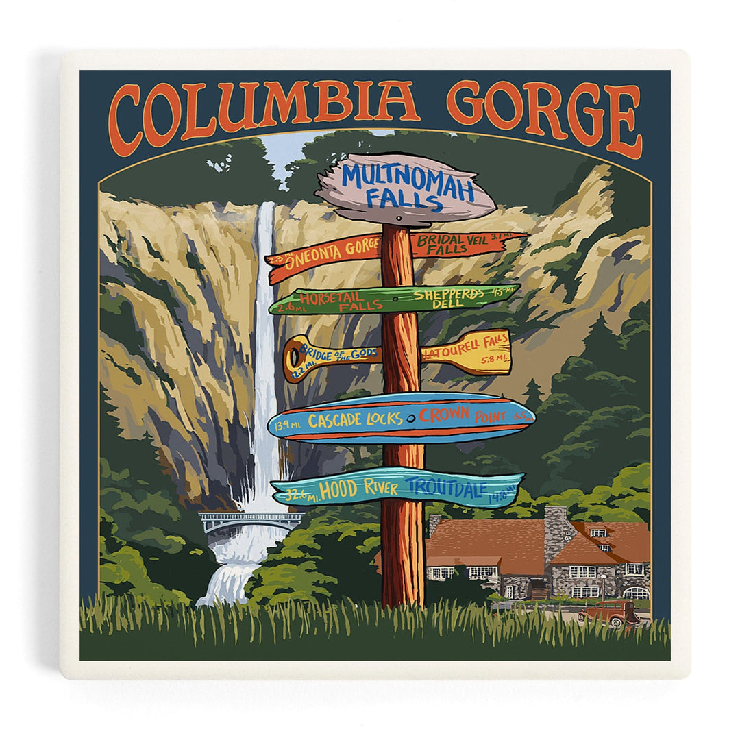 Multnomah Falls Signpost, Columbia Gorge, Oregon, Coasters Coasters Lantern Press Coaster 