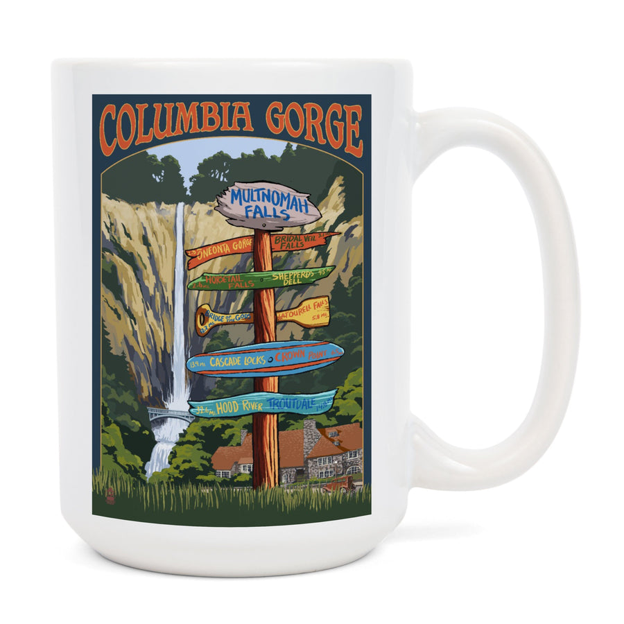 Multnomah Falls Signpost, Columbia Gorge, Oregon, Lantern Press Poster, Ceramic Mug Mugs Lantern Press 