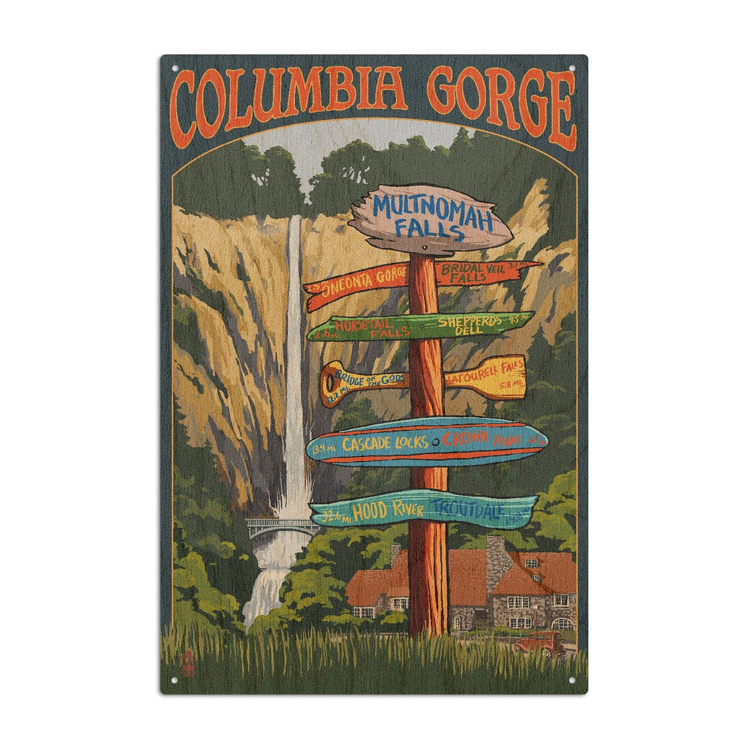 Multnomah Falls Signpost, Columbia Gorge, Oregon, Lantern Press Poster, Wood Signs and Postcards Wood Lantern Press 10 x 15 Wood Sign 