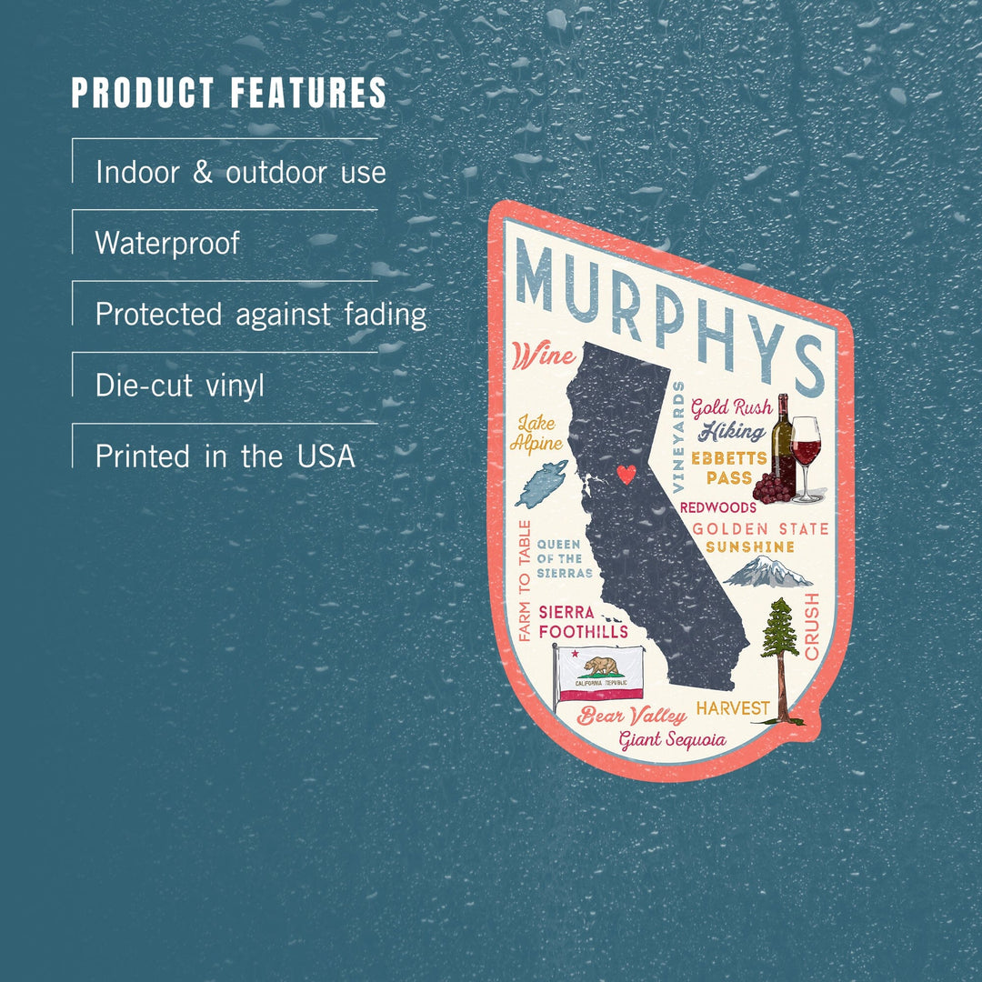 Murphys, California, Typography and Icons, Contour, Vinyl Sticker Sticker Lantern Press 