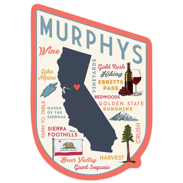 Murphys, California, Typography and Icons, Contour, Vinyl Sticker Sticker Lantern Press 