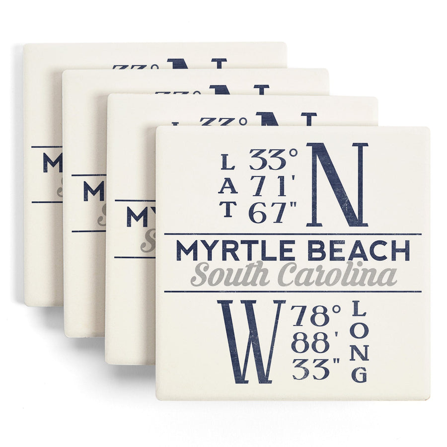 Myrtle Beach, South Carolina, Latitude & Longitude (Blue), Lantern Press Artwork, Coaster Set Coasters Lantern Press 