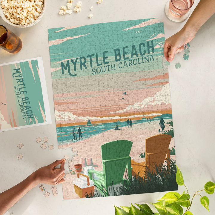 Myrtle Beach, South Carolina, Painterly, Bottle This Moment, Beach Chairs, Jigsaw Puzzle Puzzle Lantern Press 