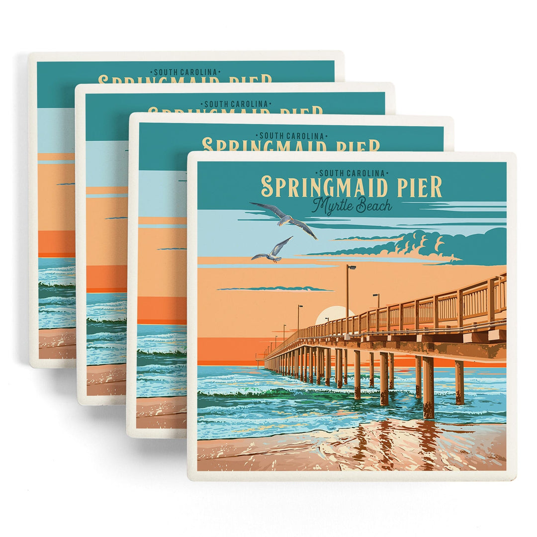 Myrtle Beach, South Carolina, Painterly, Springmaid Pier, Coaster Set Coasters Lantern Press 