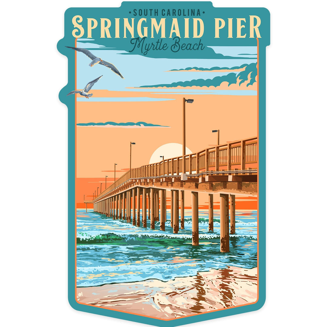 Myrtle Beach, South Carolina, Painterly, Springmaid Pier, Vinyl Sticker Sticker Lantern Press 