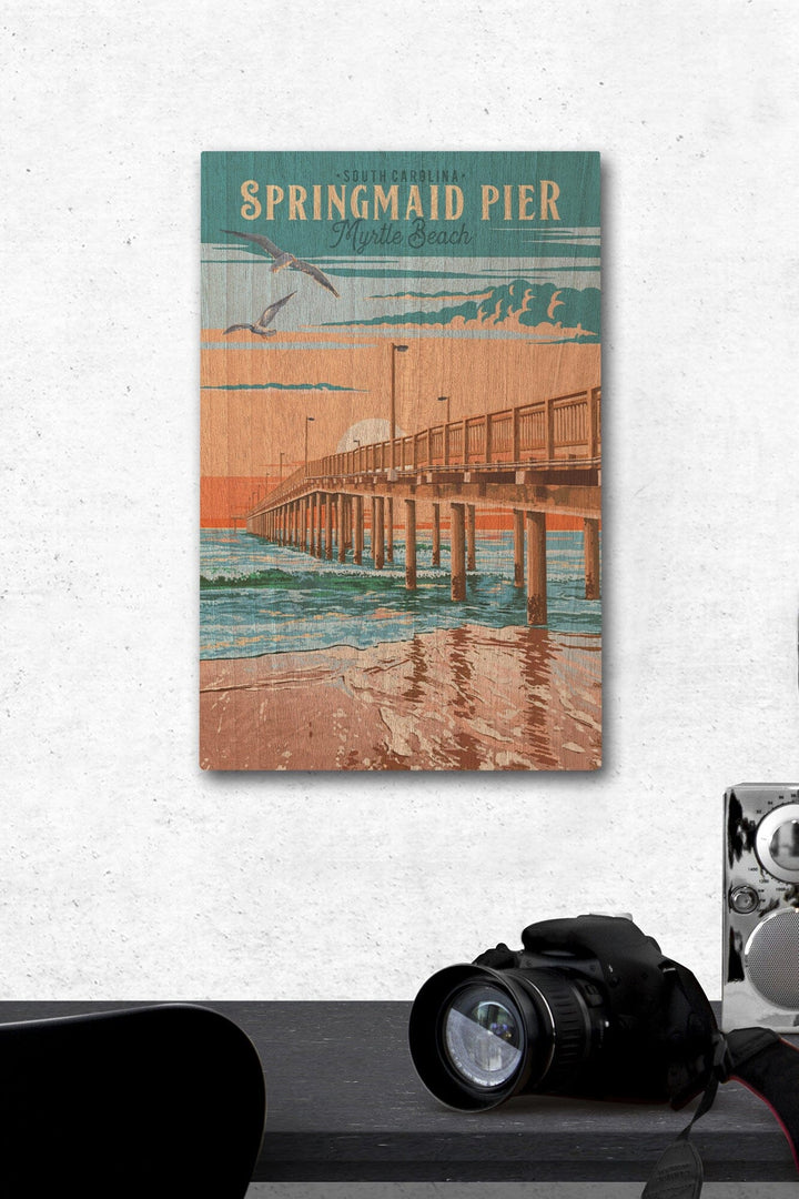 Myrtle Beach, South Carolina, Painterly, Springmaid Pier, Wood Signs and Postcards Wood Lantern Press 12 x 18 Wood Gallery Print 