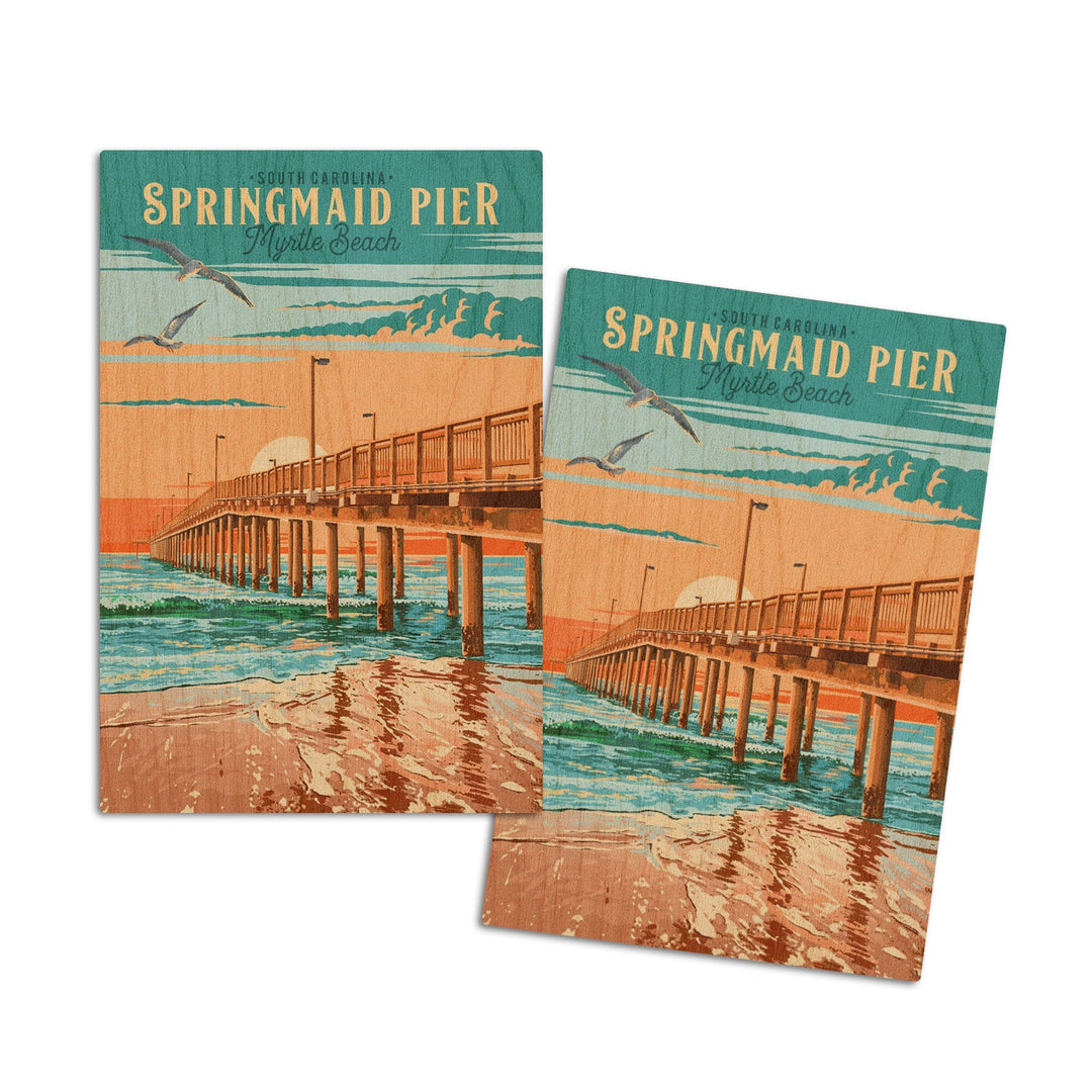 Myrtle Beach, South Carolina, Painterly, Springmaid Pier, Wood Signs and Postcards Wood Lantern Press 4x6 Wood Postcard Set 