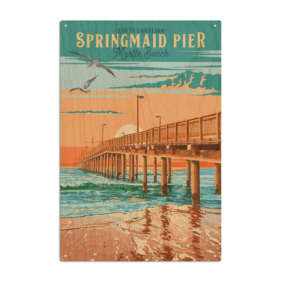 Myrtle Beach, South Carolina, Painterly, Springmaid Pier, Wood Signs and Postcards Wood Lantern Press 6x9 Wood Sign 