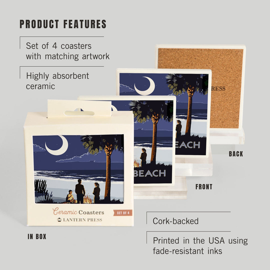 Myrtle Beach, South Carolina, Palmetto Moon and Bonfire, Coasters Coasters Lantern Press 