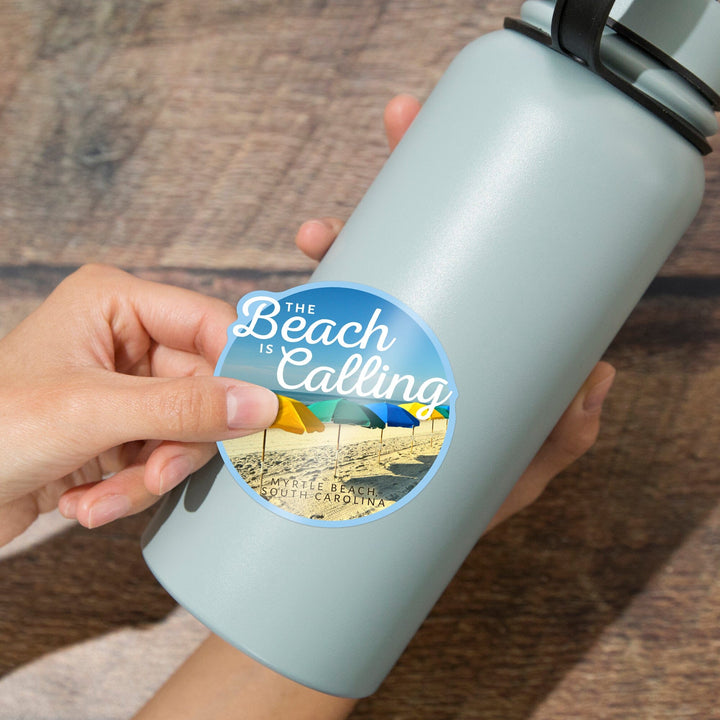 Myrtle Beach, South Carolina, The Beach Is Calling, Contour, Vinyl Sticker Sticker Lantern Press 