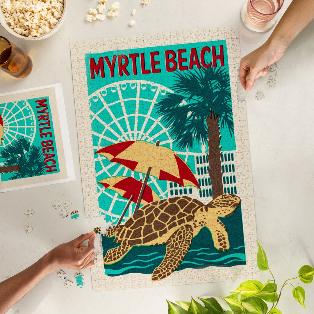 Myrtle Beach, South Carolina, Woodblock, Jigsaw Puzzle Puzzle Lantern Press 