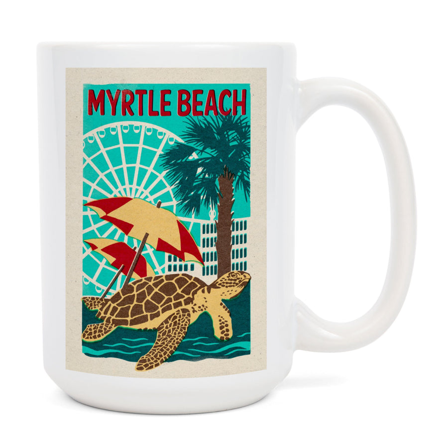 Myrtle Beach, South Carolina, Woodblock, Lantern Press Artwork, Ceramic Mug Mugs Lantern Press 