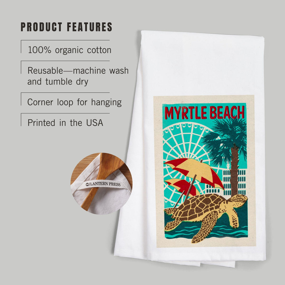 Myrtle Beach, South Carolina, Woodblock, Organic Cotton Kitchen Tea Towels Kitchen Lantern Press 