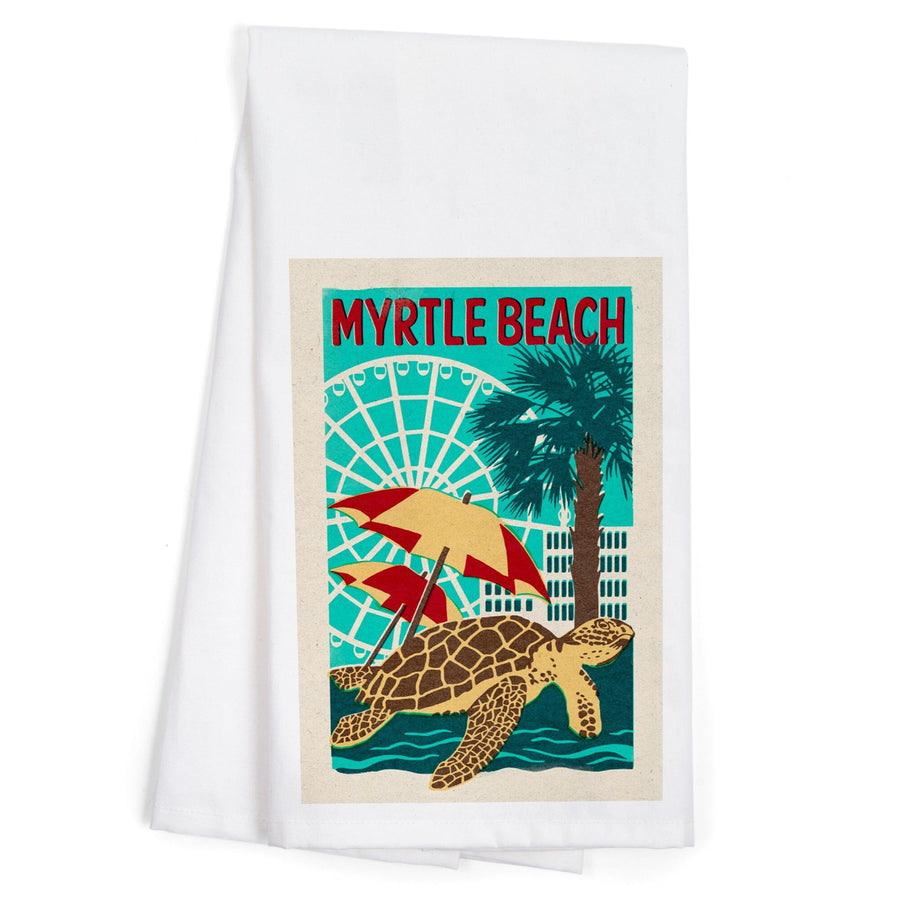 Myrtle Beach, South Carolina, Woodblock, Organic Cotton Kitchen Tea Towels Kitchen Lantern Press 