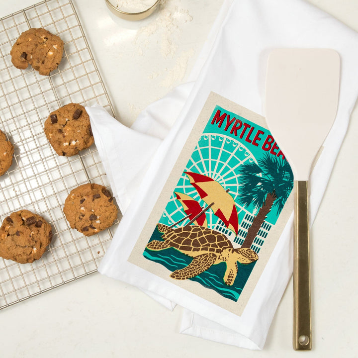 Myrtle Beach, South Carolina, Woodblock, Organic Cotton Kitchen Tea Towels Kitchen Lantern Press 
